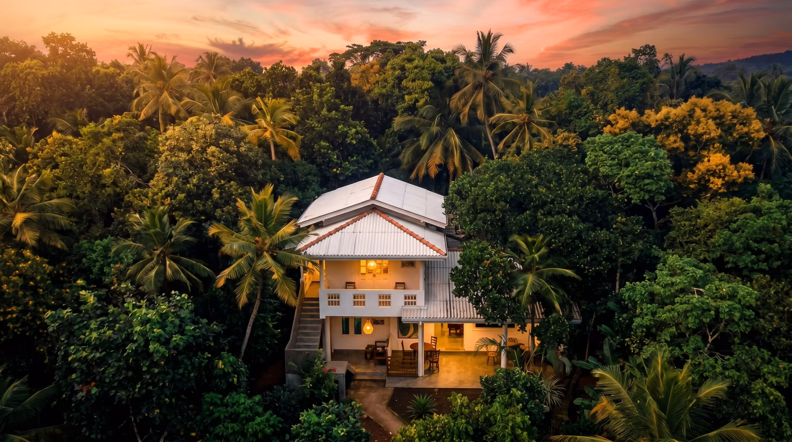 Aerial view of Jungle Joy villa at dusk